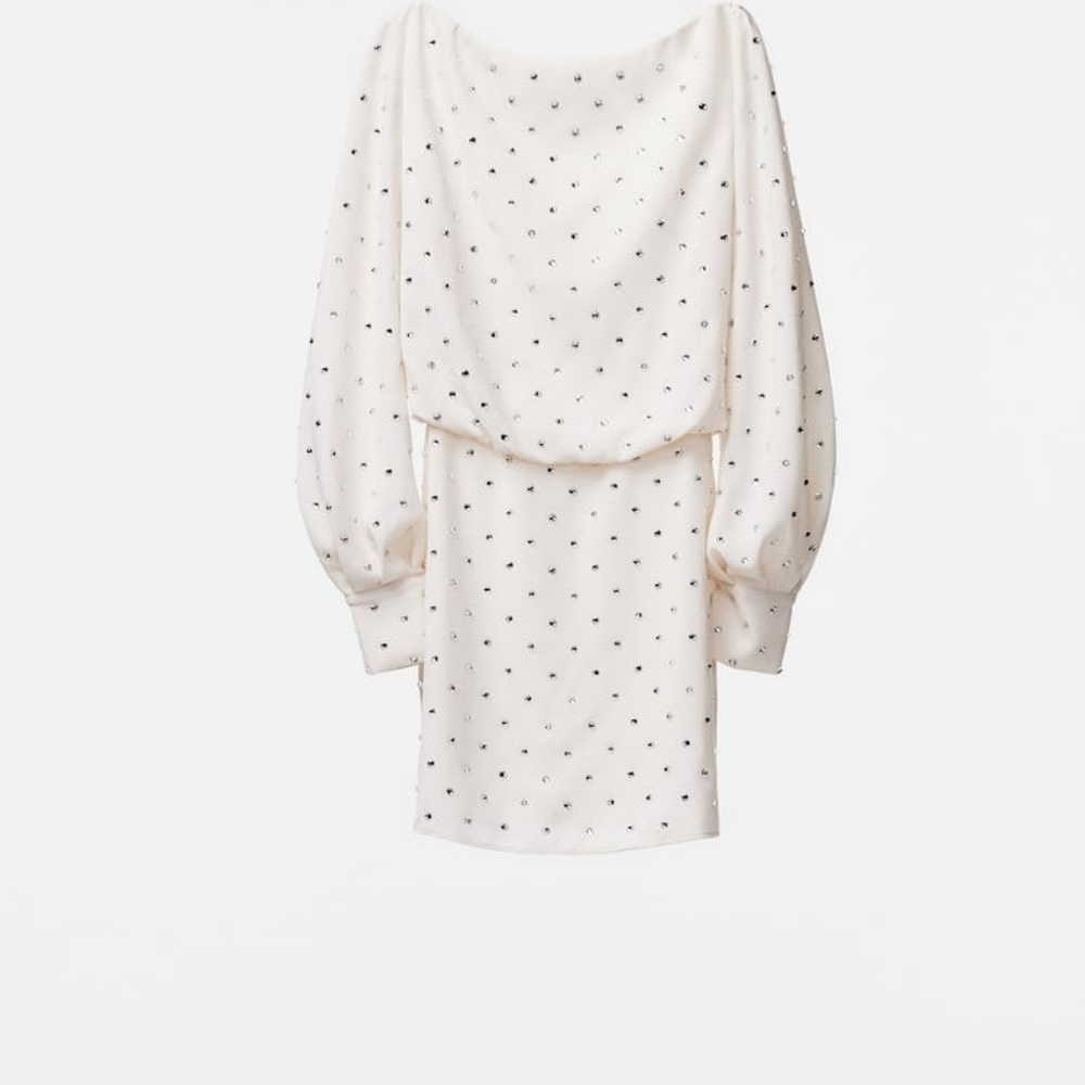 Zara Into The Night Rhinestone Studded Cream Longsleeve Dress Size S
